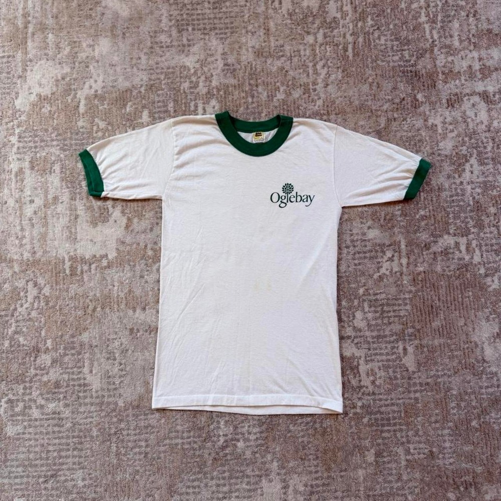 Vintage 80s Velva Sheen Oglebay Park White/Green Single Stitch Ringer T-Shirt